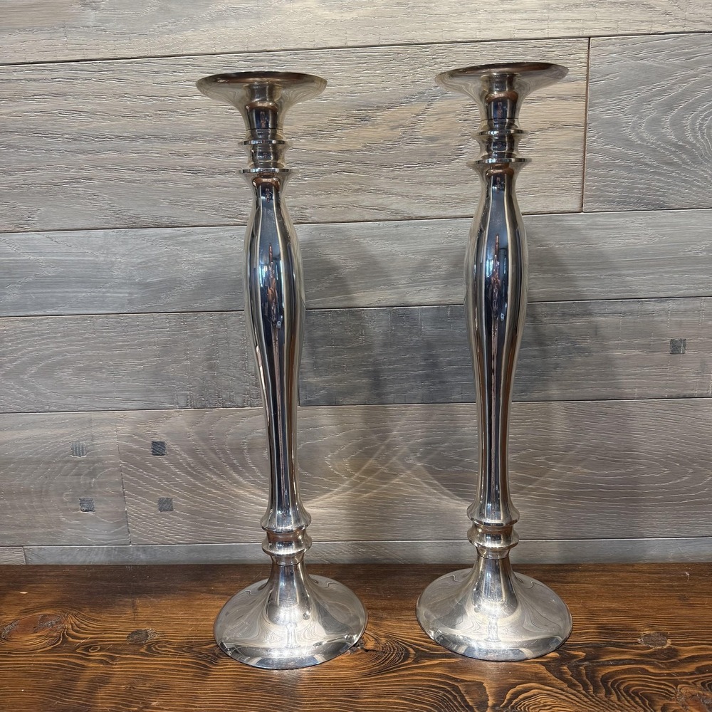 Pottery Barn Silver Plated Candlestick Holders Pair Large Pillar Taper Decor